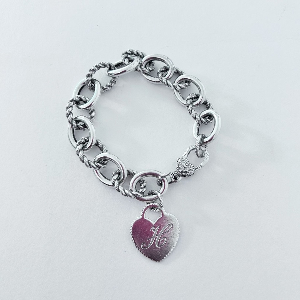 Judith Ripka Sterling CZ Verona Heart Initial H Rolo Link Bracelet Heart Clasp